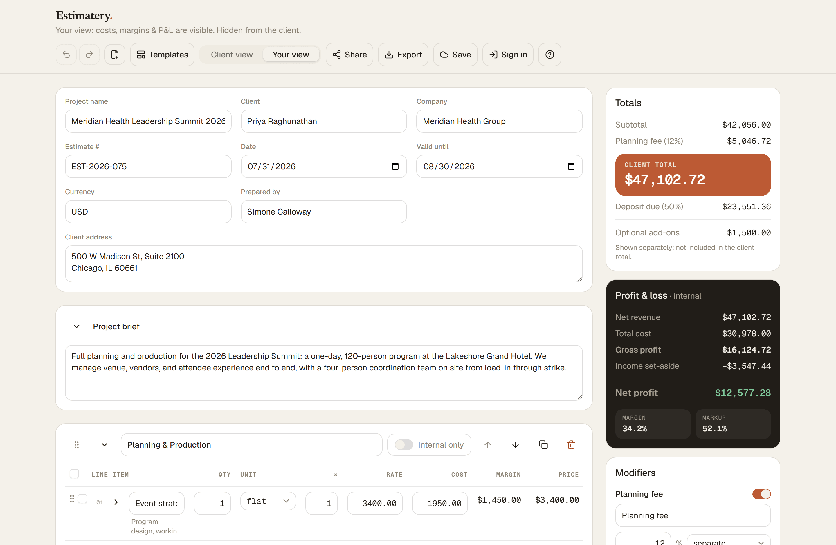 The Estimatery builder with a filled-in estimate for event planning: project details and line items on the left, a live profit and loss panel with margin and markup on the right.