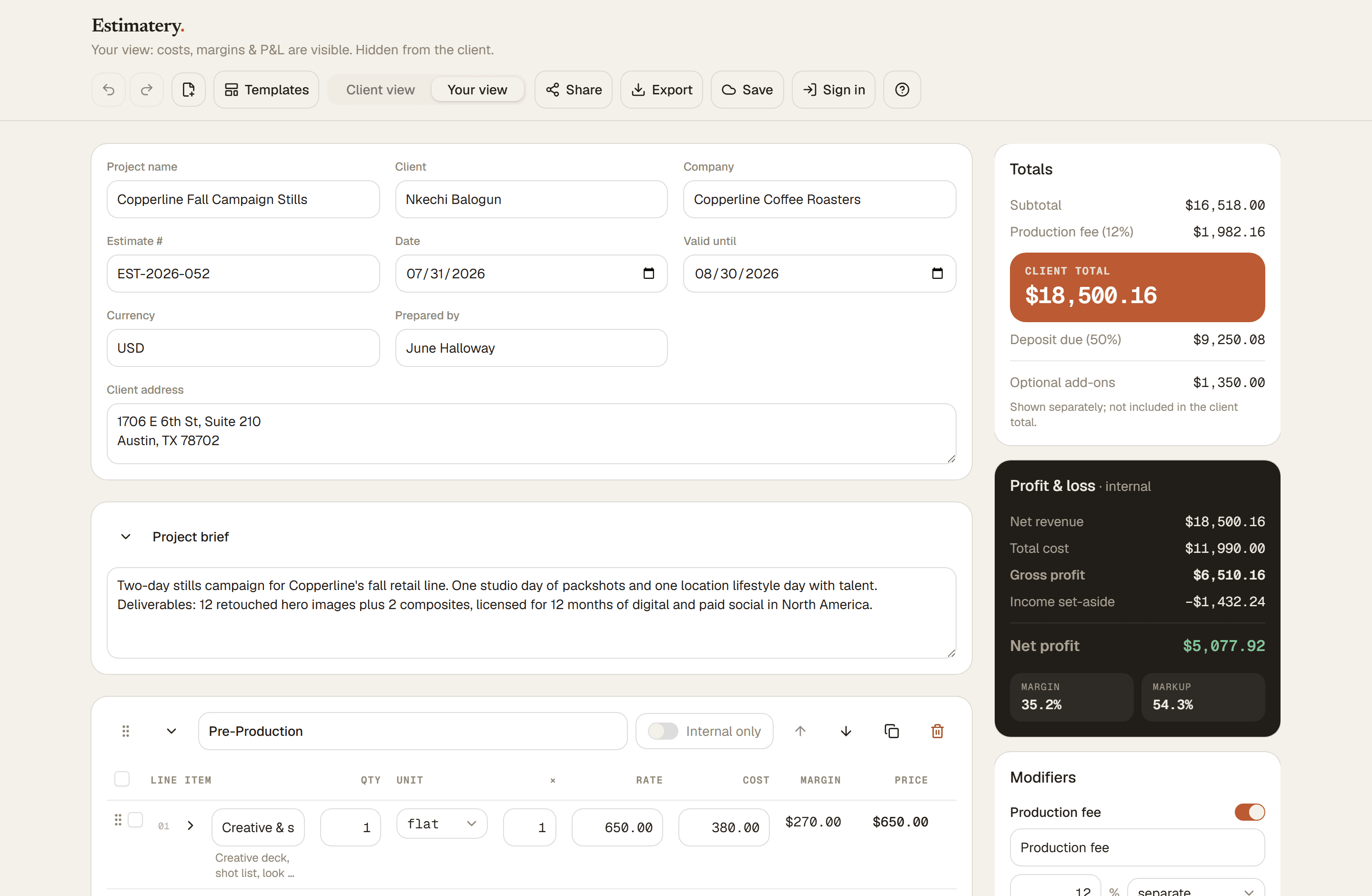 The Estimatery builder with a filled-in estimate for photography: project details and line items on the left, a live profit and loss panel with margin and markup on the right.