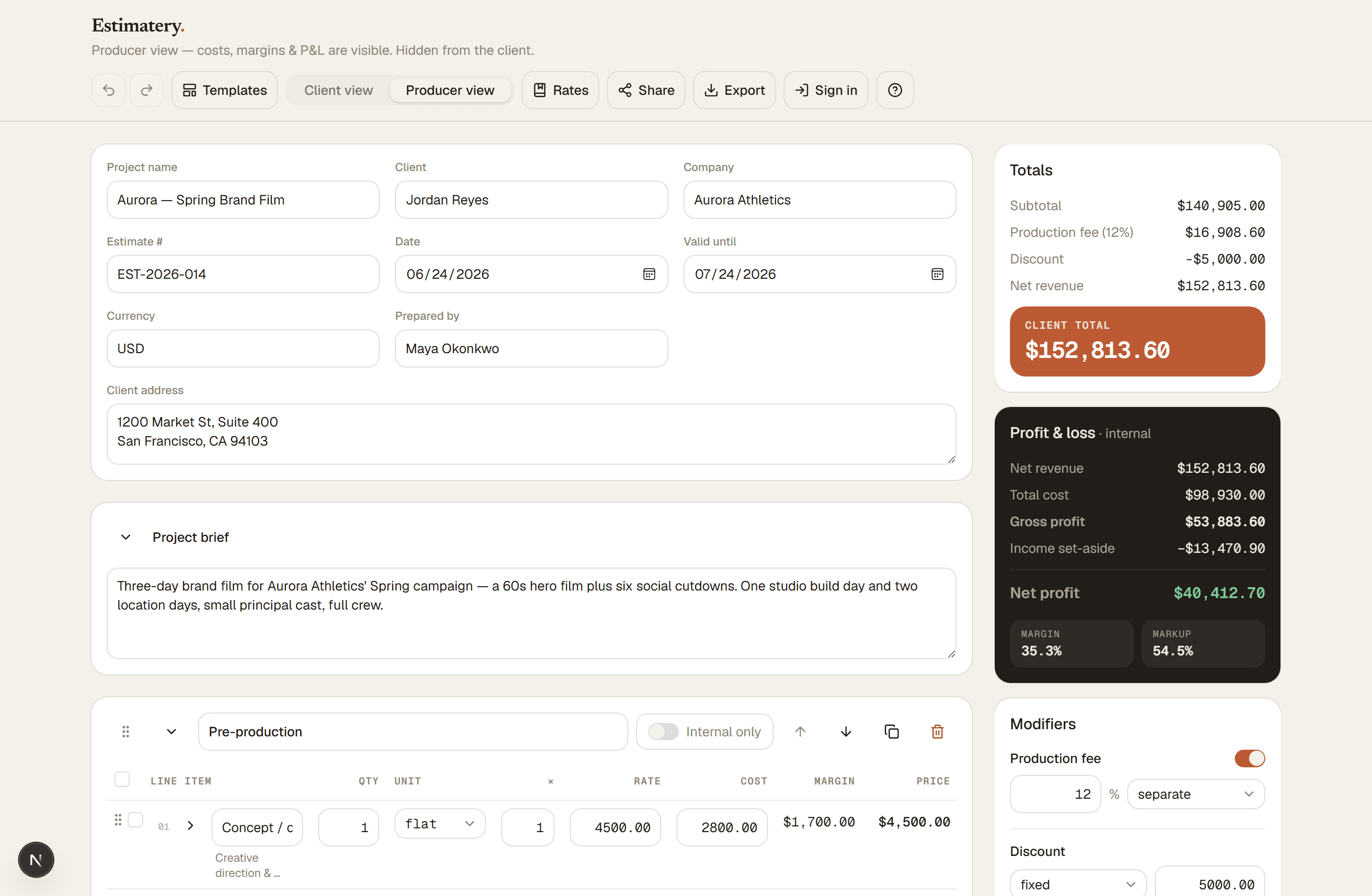 The Estimatery builder with a filled-in estimate: project details and line items on the left, a live profit and loss panel with margin and markup on the right.