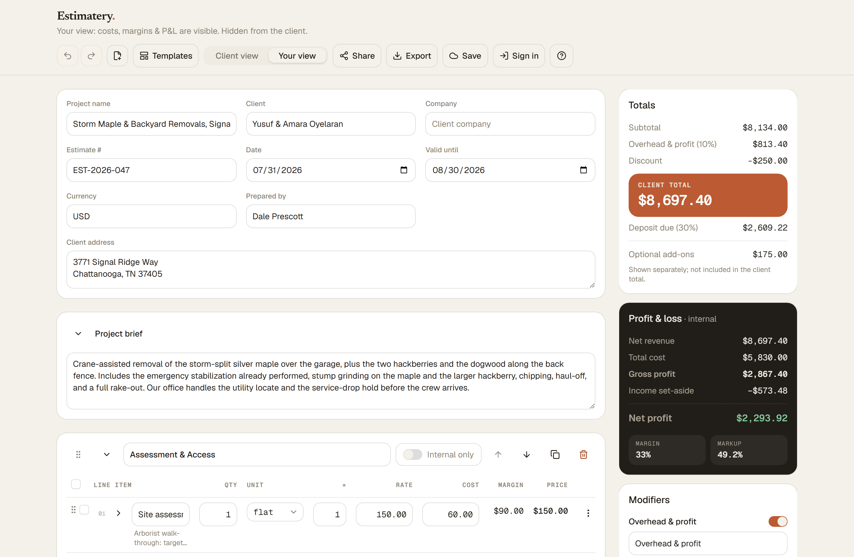 The Estimatery builder with a filled-in estimate for tree service: project details and line items on the left, a live profit and loss panel with margin and markup on the right.