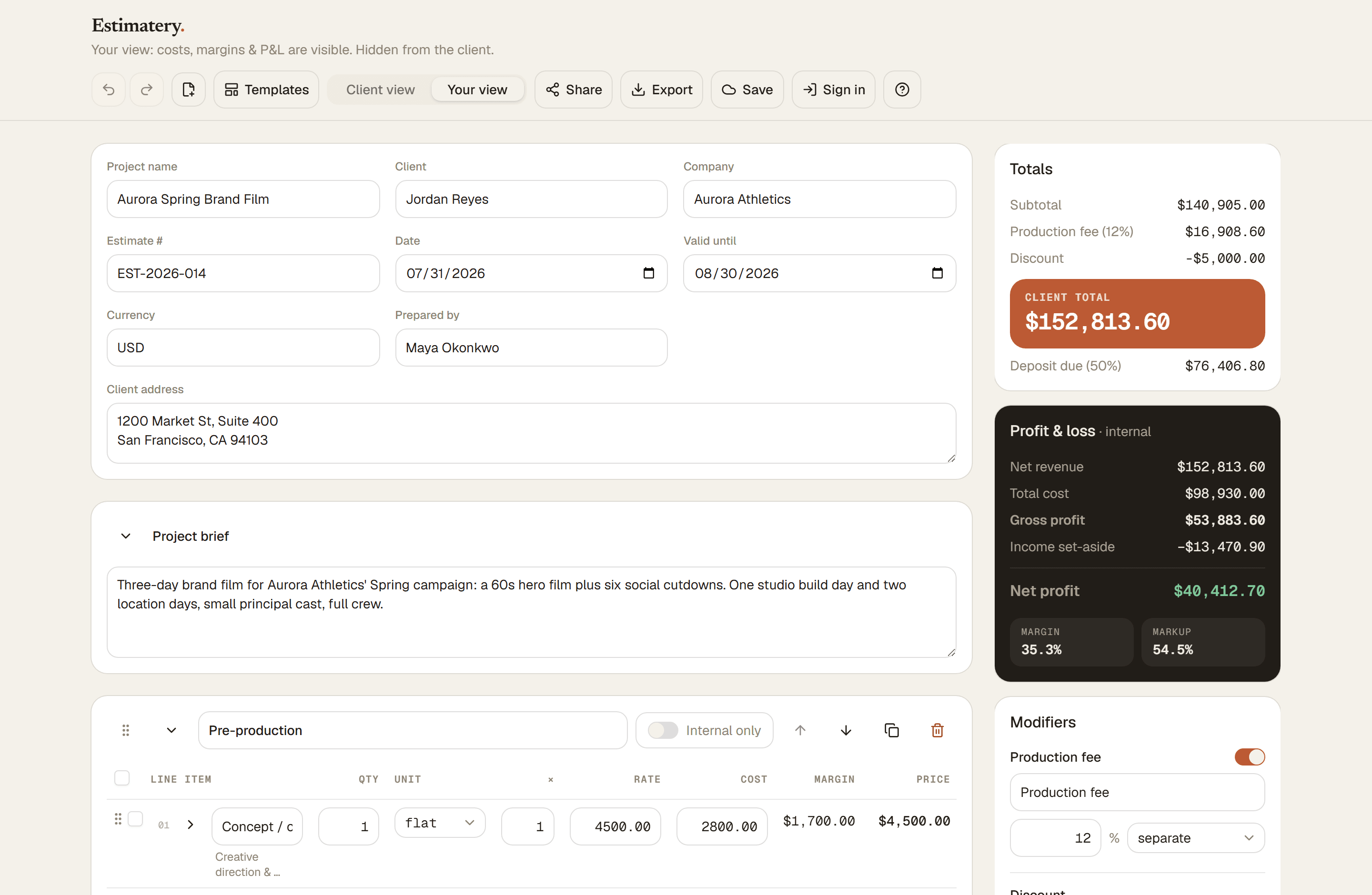 The Estimatery builder with a filled-in estimate for video production: project details and line items on the left, a live profit and loss panel with margin and markup on the right.